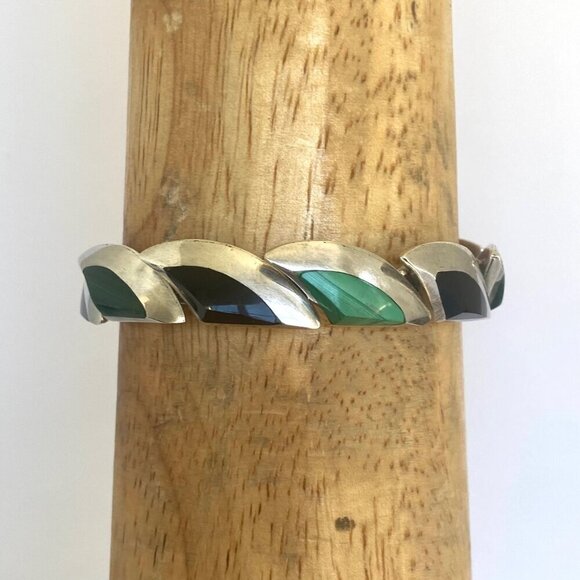 VTG 950 Silver Heavy Taxco Mexico Modernist Style Malachite Onyx Link Bracelet - Picture 14 of 16